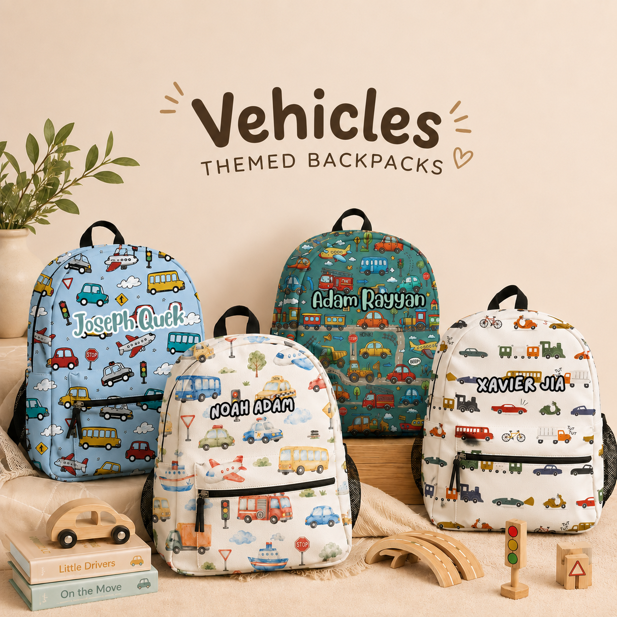 Four children's backpacks with vehicle patterns on a beige surface, featuring personalized names.